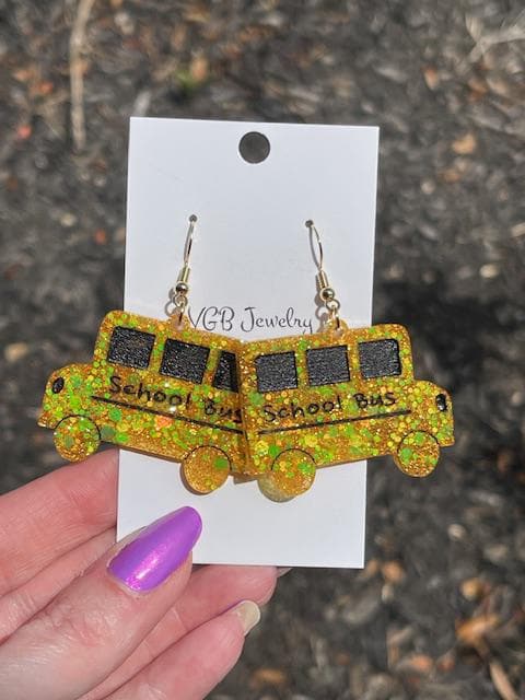 Bright Yellow School Bus Earrings | Glitter Resin Dangles with Hand-Painted Details