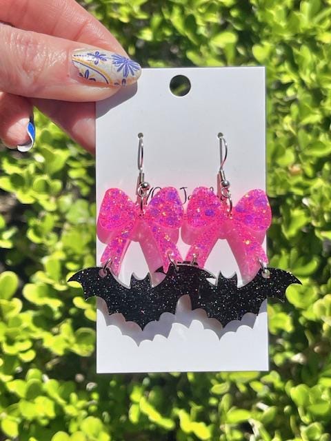 Bat and Bow Earrings – Halloween Glitter or Mica Resin Dangles – Custom Bow Color – Spooky Cute Handmade Jewelry