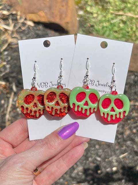 Glow-in-the-Dark Dripping Apple Earrings – Resin Halloween Dangles – Glitter or Mica Finish – Spooky Handmade Jewelry