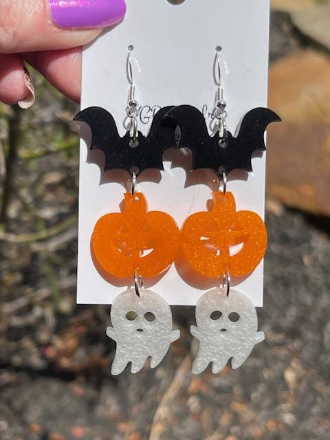 Halloween Bat Pumpkin Ghost Dangle Earrings – Glitter Resin Spooky Statement Jewelry – Lightweight Fun Costume Accessory