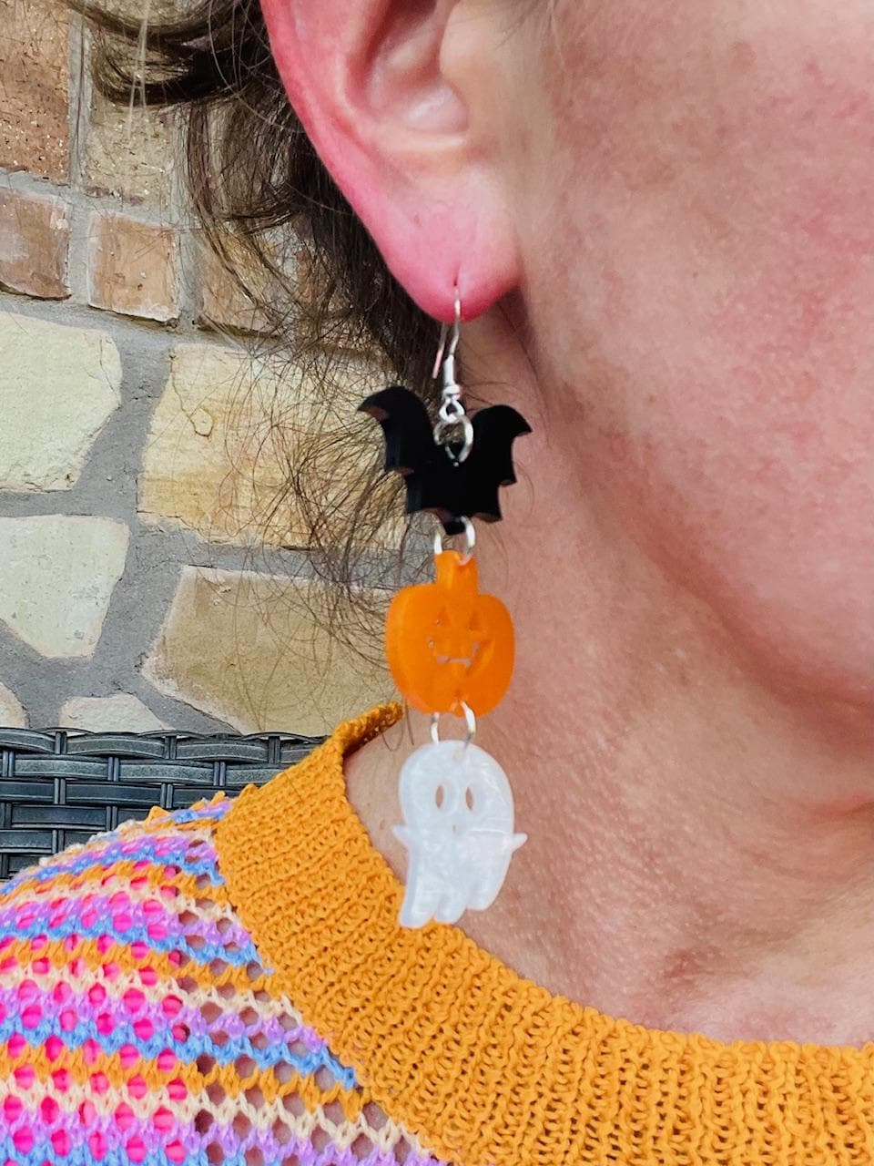 Halloween Bat Pumpkin Ghost Dangle Earrings – Glitter Resin Spooky Statement Jewelry – Lightweight Fun Costume Accessory