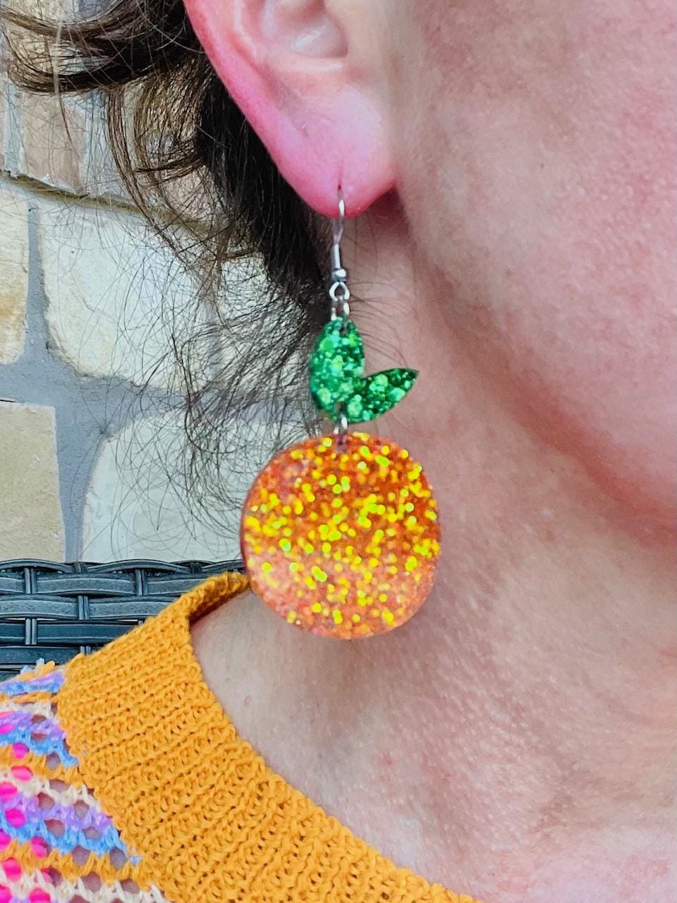 Orange Dangle Earrings – Glitter Resin Statement Jewelry – Handmade Fruit inspired Accessories
