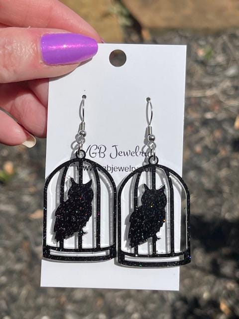 Black Owl Birdcage Earrings – Glitter Resin Halloween Jewelry – Spooky Owl Lover Gift – Lightweight Dangle Earrings