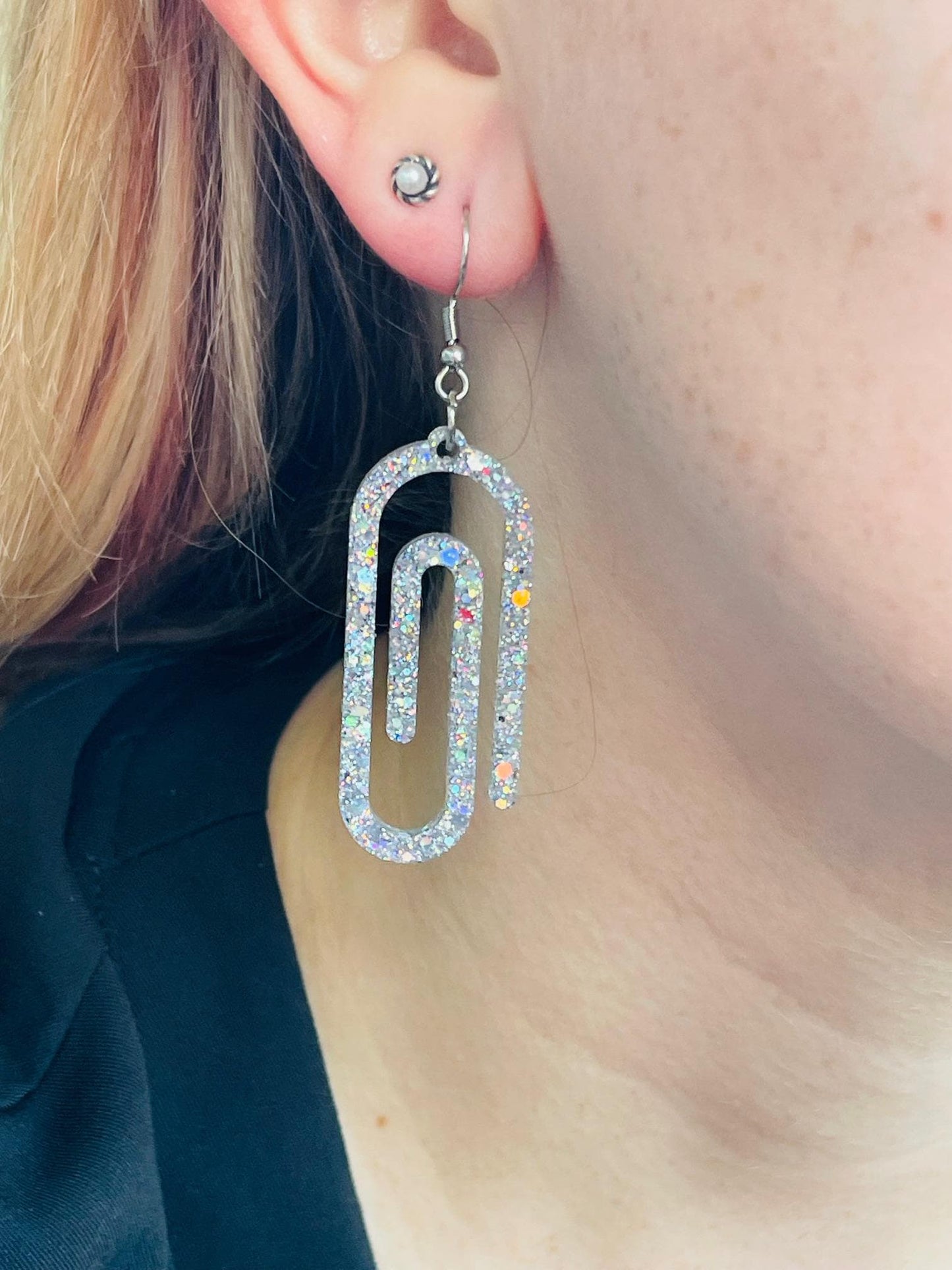 Silver paperclip glitter resin Earrings | Glitter Resin Dangles | Gift for teacher