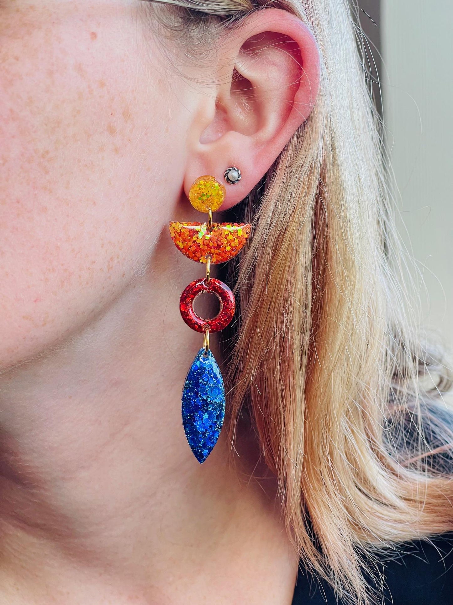 Game Day Color Block glitter resin earring - handcrafted - handmade jewelry
