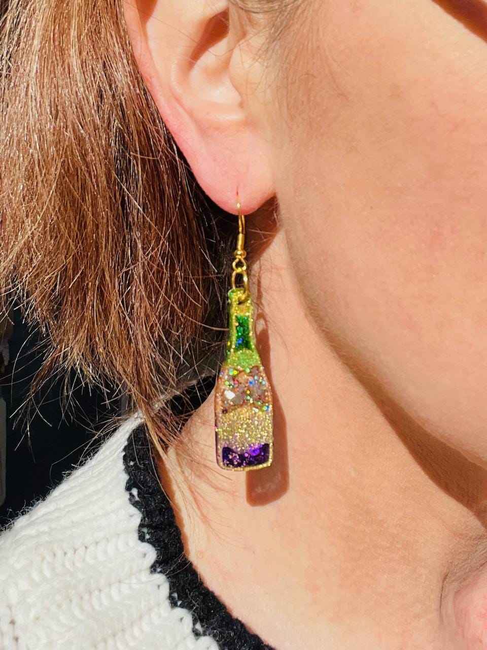 Mardi Gras Champagne bottle resin earrings - hand made Fat Tuesday - handcrafted