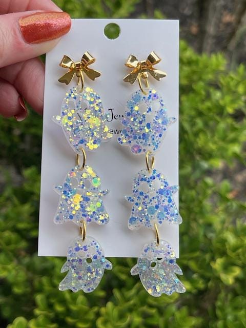 Halloween Glitter Resin Ghost Earrings with Gold Bow Posts