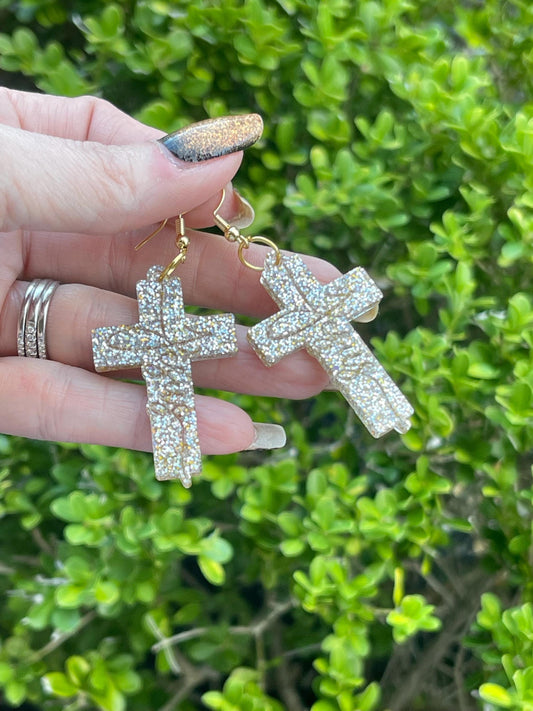 Sparkly cross earring engraved with “Jesus” - Ornate Cross glitter resin earrings