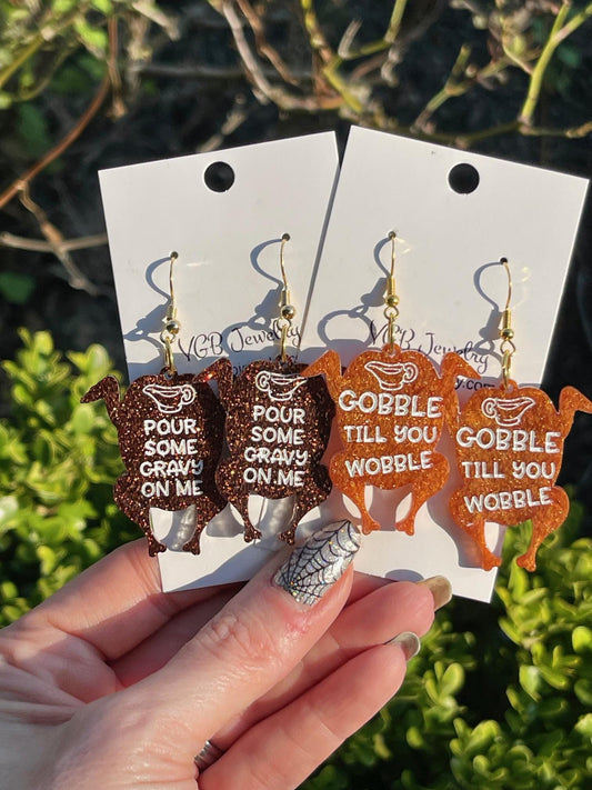 Funny Turkey Earrings – “Gobble Till You Wobble” & “Pour Some Gravy on Me” Thanksgiving Earrings | Glitter Resin Fall Jewelry
