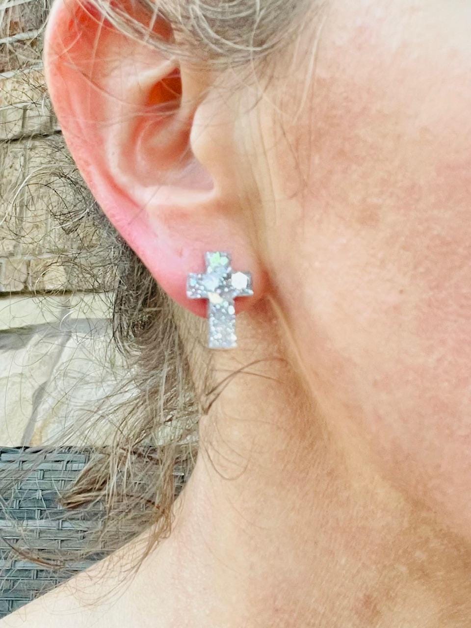 Sparkly cross stud earrings - Gold or Silver Cross glitter resin stud earrings - handmade jewelry