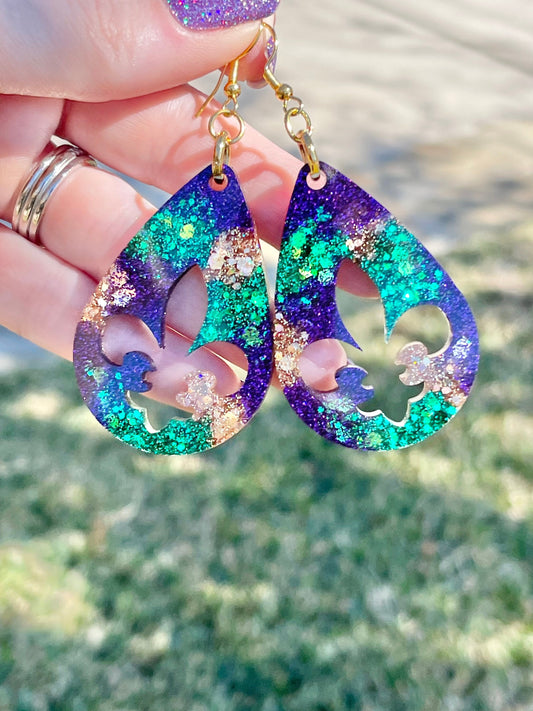 Fleur de lis teardrop Mardi Gras resin earrings, lightweight handmade earring, gift for her