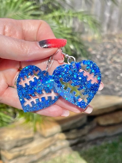 Lightweight baseball heart glitter resin earrings
