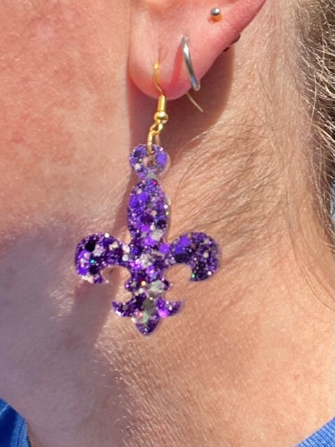Purple and Gold Fleur de lis resin earrings