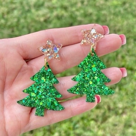 Glitter Christmas tree resin earrings