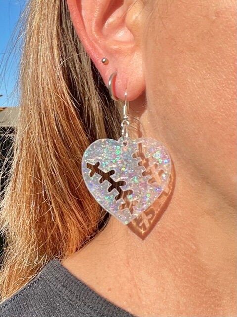 Lightweight baseball heart glitter resin earrings