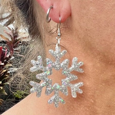 Snowflake glitter resin earrings - lightweight Christmas jewelry