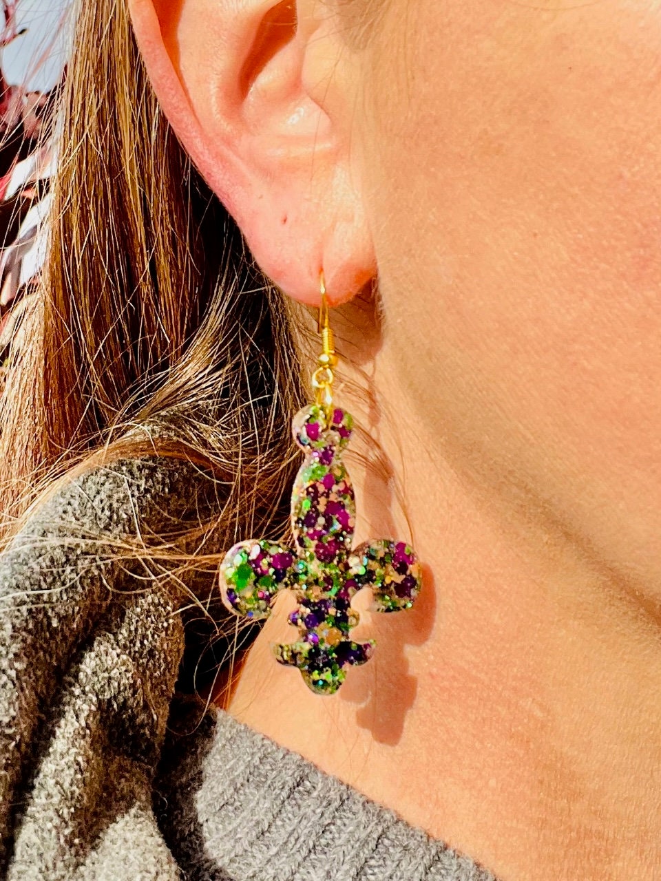 Fleur de lis Mardi Gras resin earrings - Fat Tuesday - handcrafted - 3 sizes