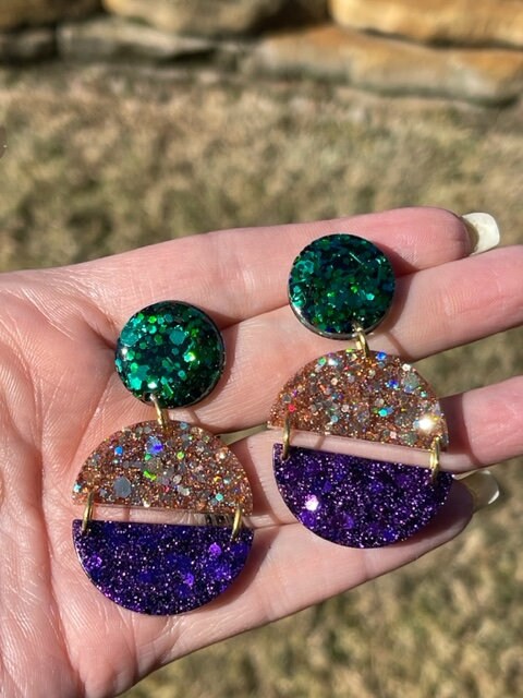 Geometric Mardi Gras resin earrings - Fat Tuesday - handcrafted