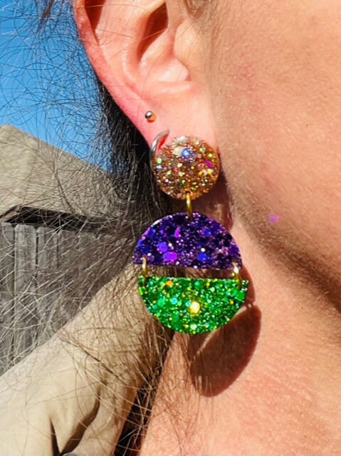 Geometric Mardi Gras resin earrings - Fat Tuesday - handcrafted