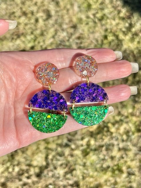 Geometric Mardi Gras resin earrings - Fat Tuesday - handcrafted