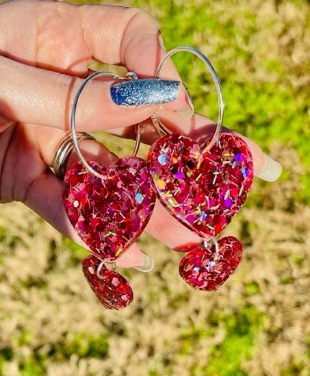 Double Heart Hoop glitter resin earrings