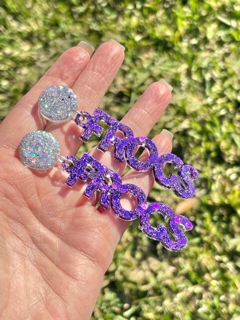 Purple TCU Frogs Game Day glitter resin earrings - Texas Christian University Horned Frog