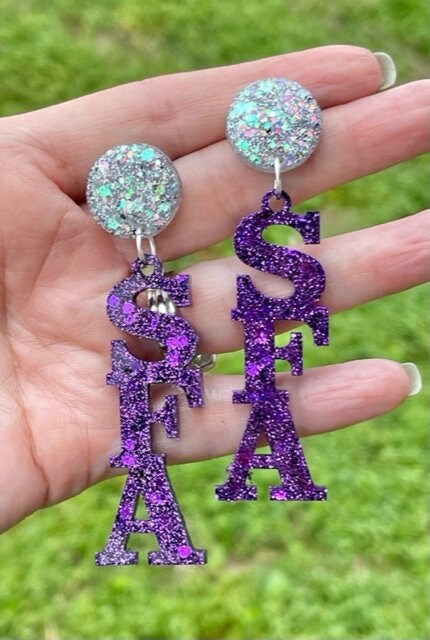Purple SFA glitter resin earrings - purse charm, bag charm