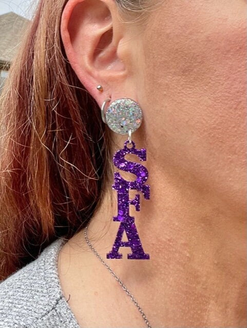 Purple SFA glitter resin earrings - purse charm, bag charm