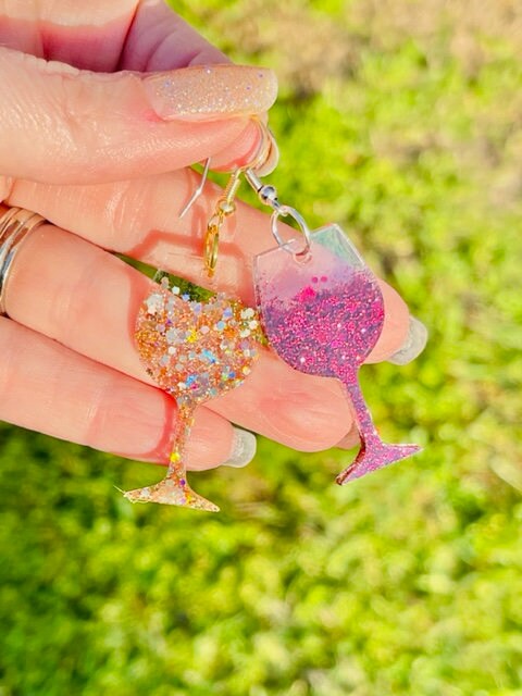 Wine glass glitter resin earrings - Merlot, Chardonnay, or Mimosa