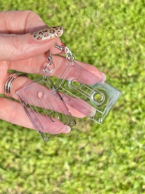 Cassette tape clear resin earrings