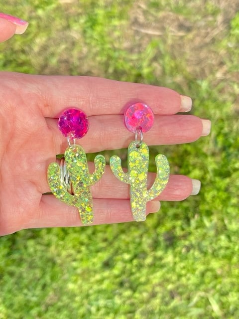 Sparkly Cactus glitter resin earrings
