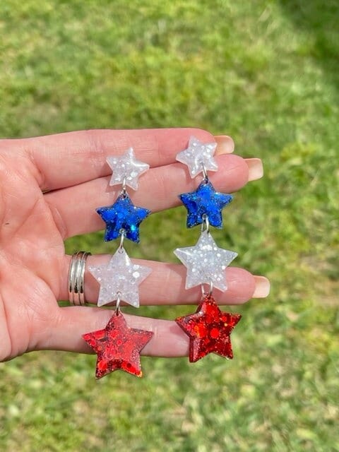 Red, white and blue Dangle Star glitter resin earrings
