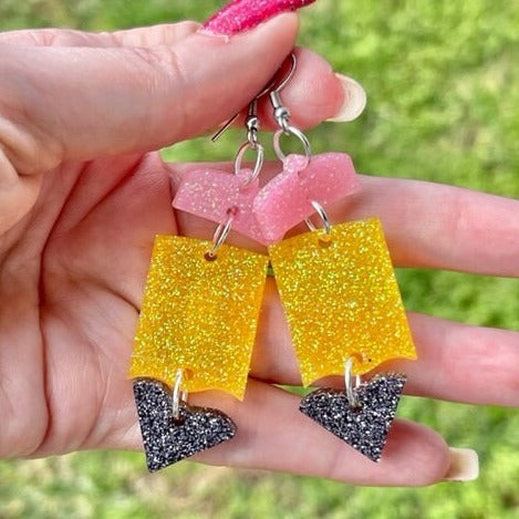 Dangling pencil glitter resin earrings - gift for teacher - handcrafted - handmade jewelry