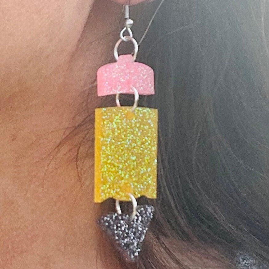 Dangling pencil glitter resin earrings - gift for teacher - handcrafted - handmade jewelry