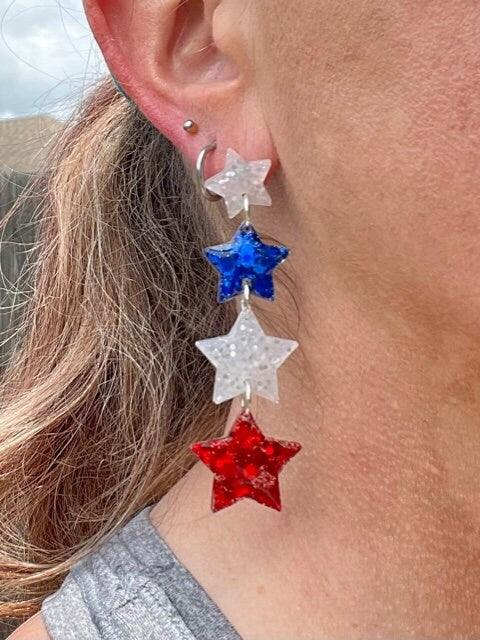 Red, white and blue Dangle Star glitter resin earrings