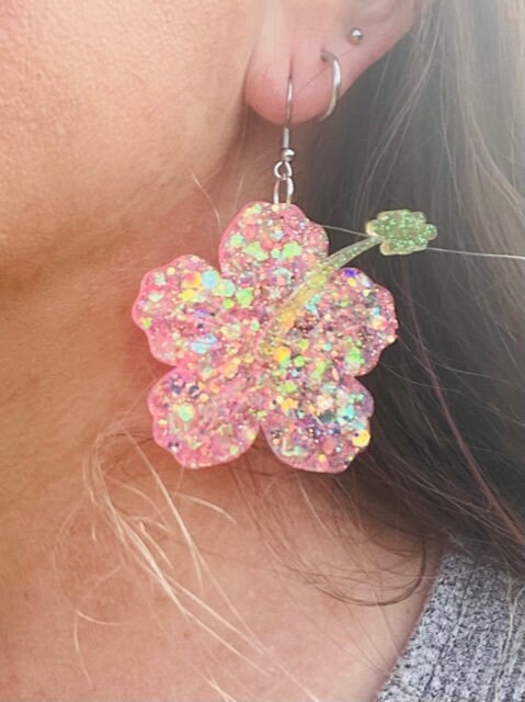 Sparkly Hibiscus glitter resin earrings