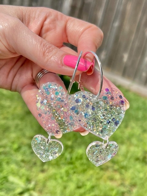 Double Heart Hoop glitter resin earrings
