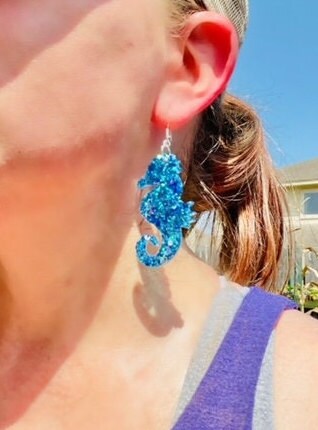 Sparkly Seahorse glitter resin earrings