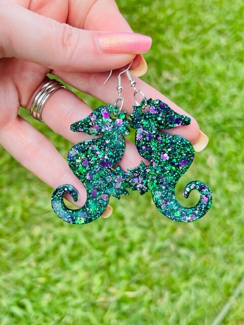 Sparkly Seahorse glitter resin earrings