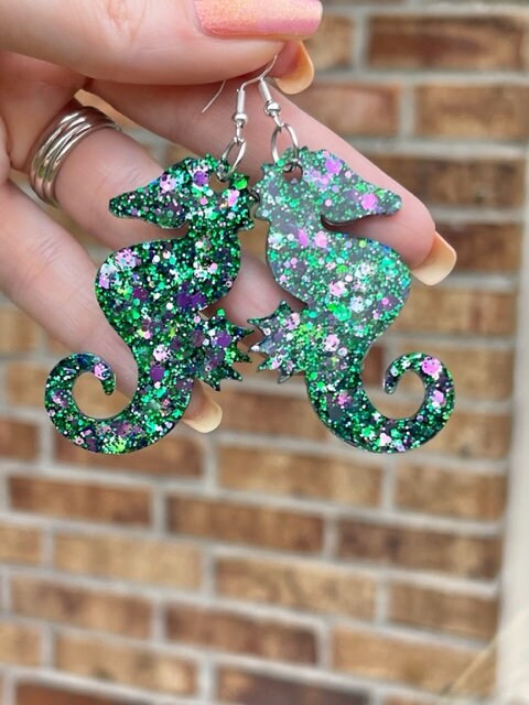 Sparkly Seahorse glitter resin earrings