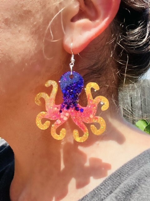 Sparkly Octopus glitter resin earrings