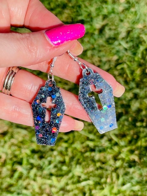 Gothic coffin glitter resin earrings