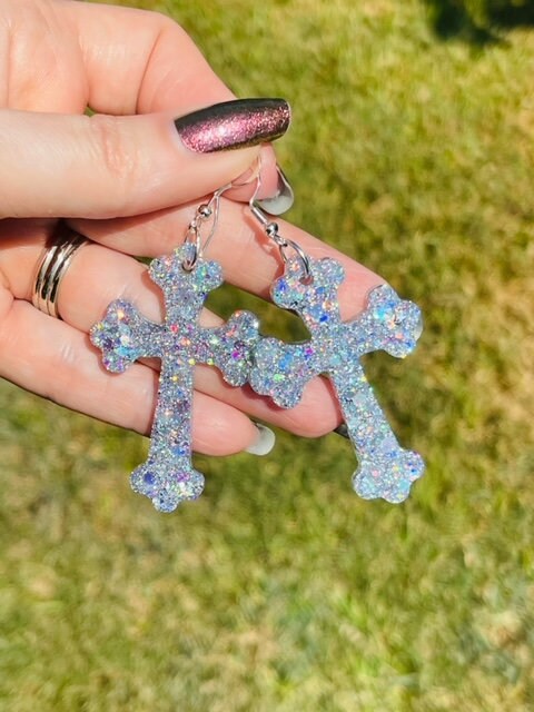 Ornate Cross glitter resin earrings