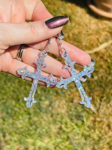Ornate Cross glitter resin earrings