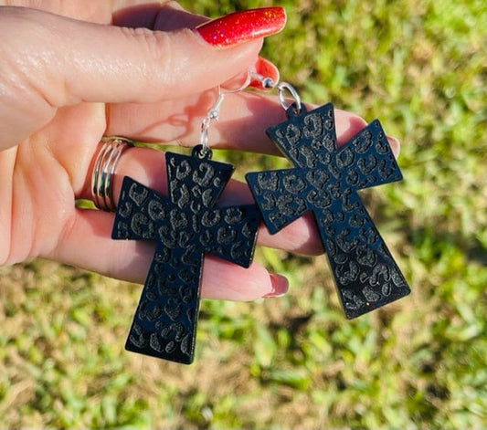 Leopard print cross earrings