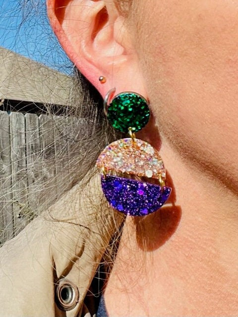 Mardi Gras resin earrings - Fat Tuesday color block earring - handcrafted