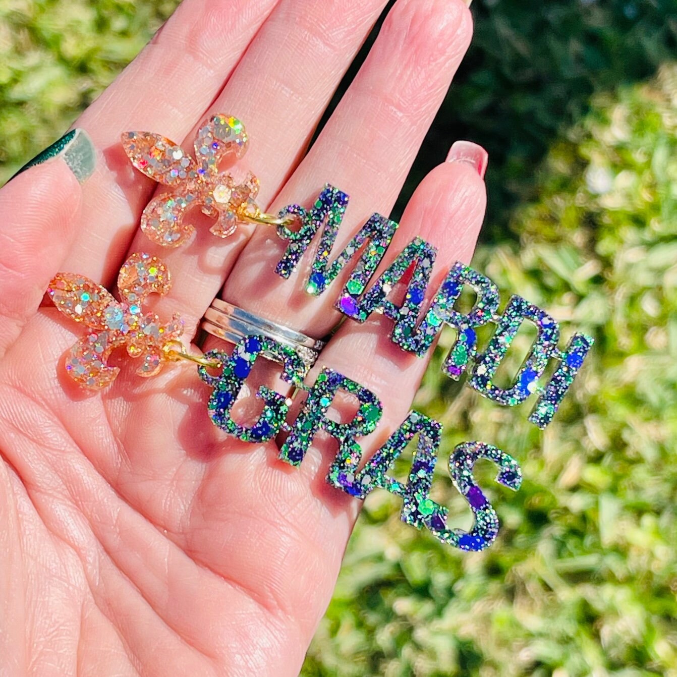 Mardi Gras resin earrings with Fleur de Lis top - hand made Fat Tuesday - handcrafted