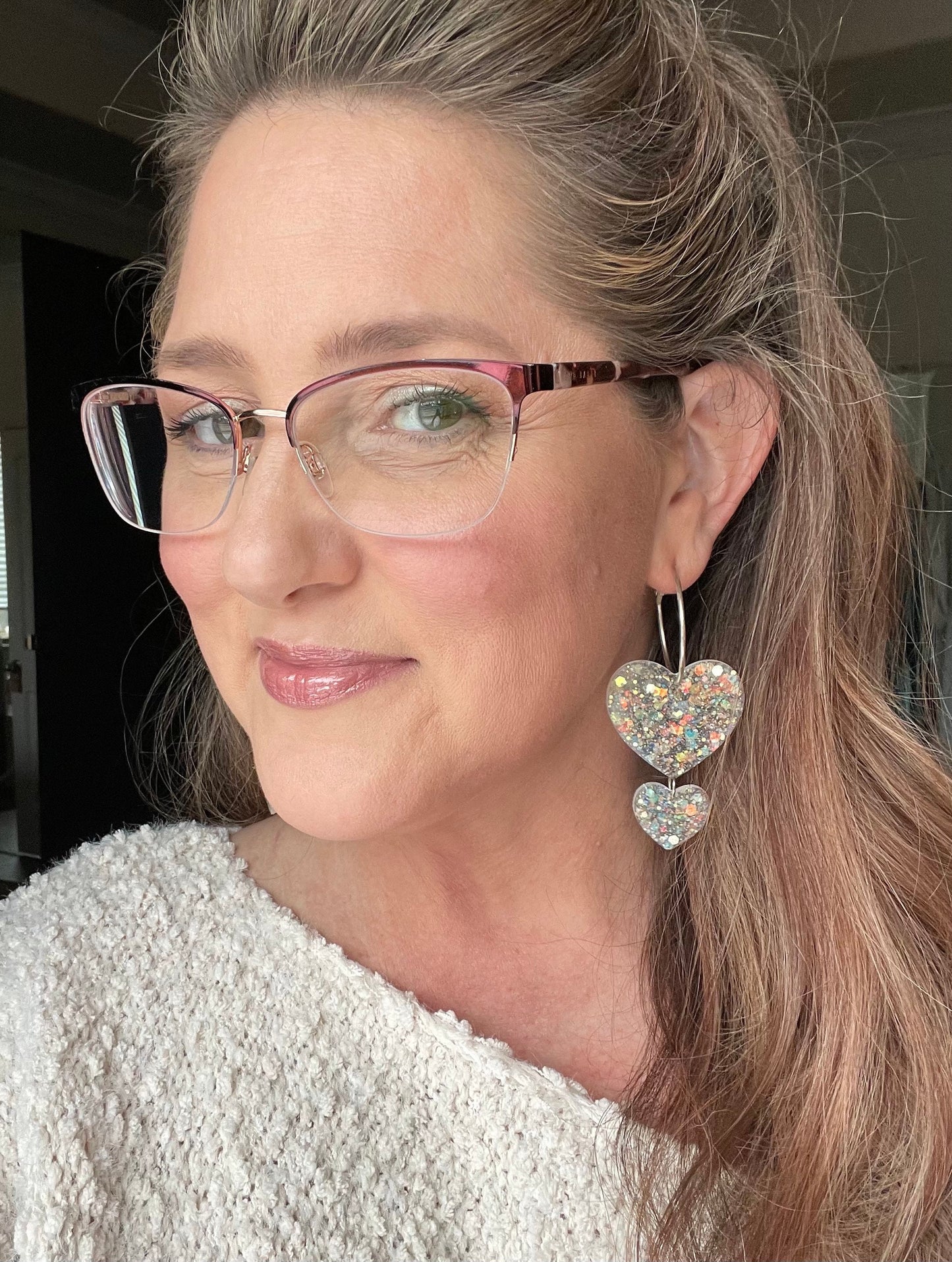 Double Heart Hoop glitter resin earrings