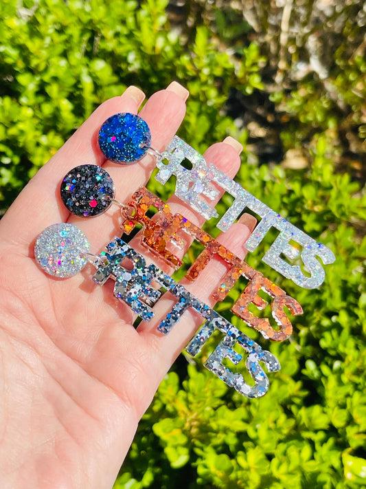Rettes glitter resin word earrings