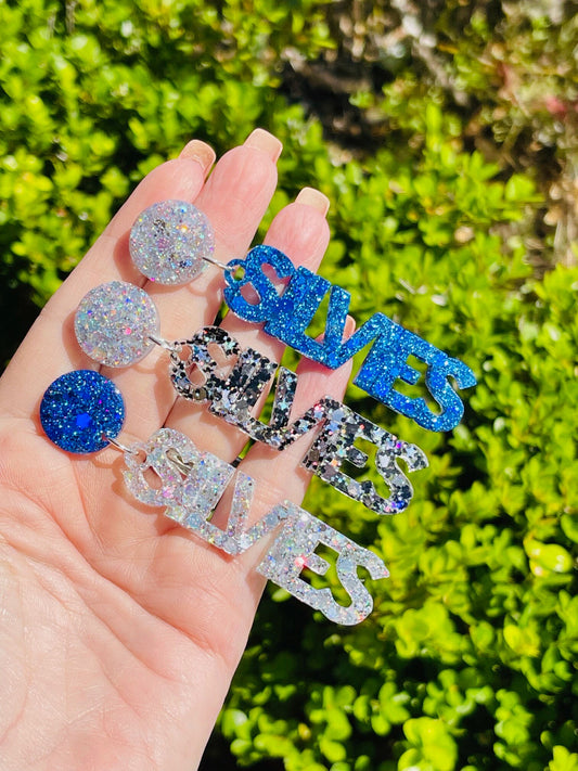Silvies glitter resin word earrings